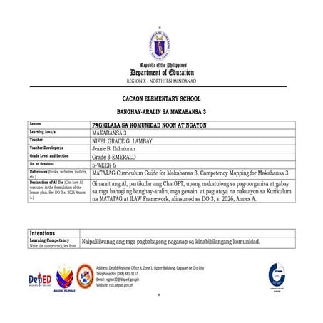 Pagkilala sa Komunidad Noon at Ngayon: Grade 3 Makabansa Lesson Plan | DOCX