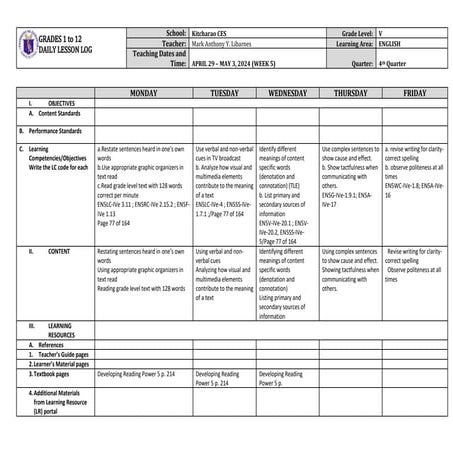 Grade 5 Daily Lesson Log English 5 Q4 Week 5.docx | Educational ...