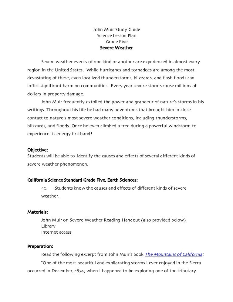 Severe Weather Grade Five Science Lesson Plan John Muir Study Guide