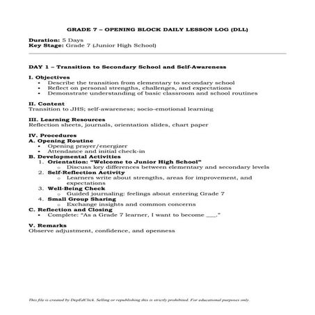 Grade 12 Opening Block Daily Lesson Log for Senior High School Success ...