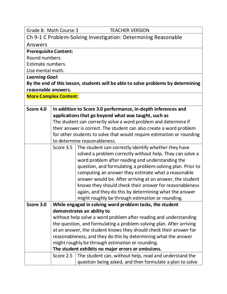 Grade 8 9 1 C Marzano Rubric Florida Math Connects Course 3