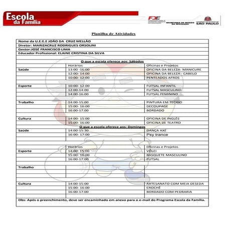 Grande de Horários das Atividades do PEF