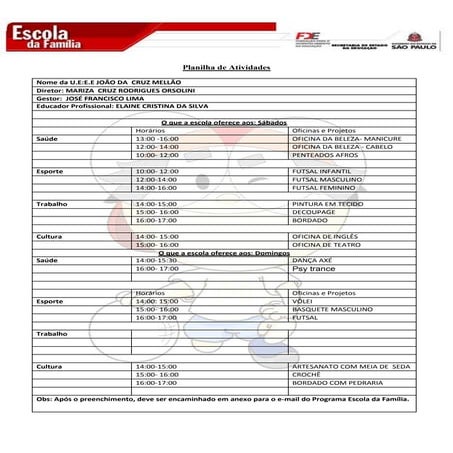 Grande de Horários das Atividades do PEF