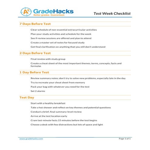 Test Week Checklist by Grade Hacks