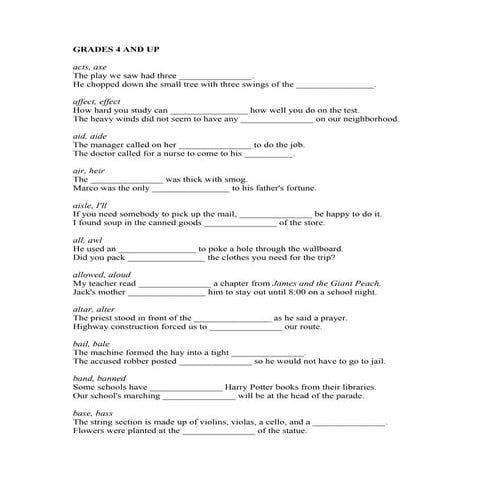 Grades 4 and up homonyms   schoolfy