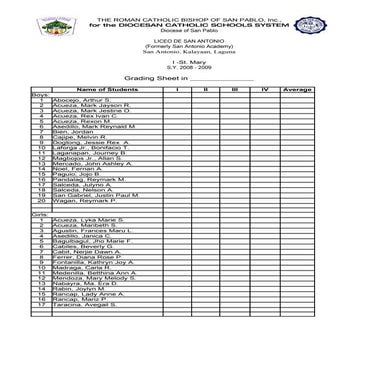 Grading Sheet 2008 2009