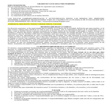 Grado octavo segundo período taller responsabilidad y familia