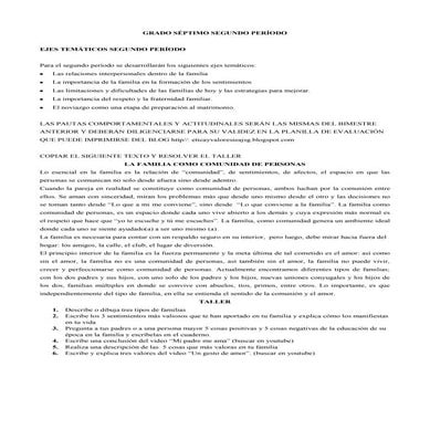 Grado séptimo segundo período  taller la familia como comunidad de personas