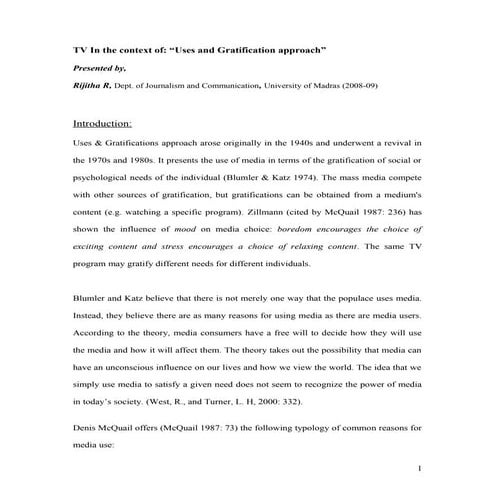 TV In the context of: “Uses and Gratification approach”