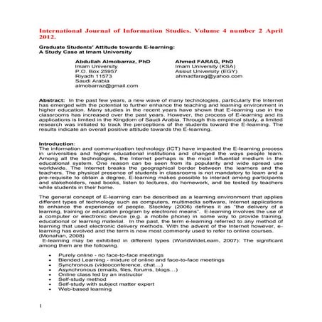 Graduate students' attitude towards e learning a study case at imam university