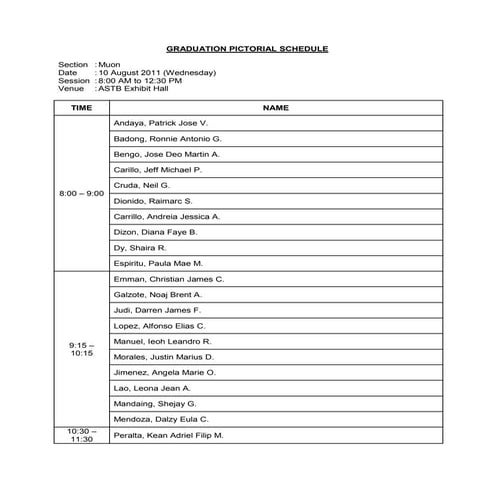 Graduation pictorial schedule