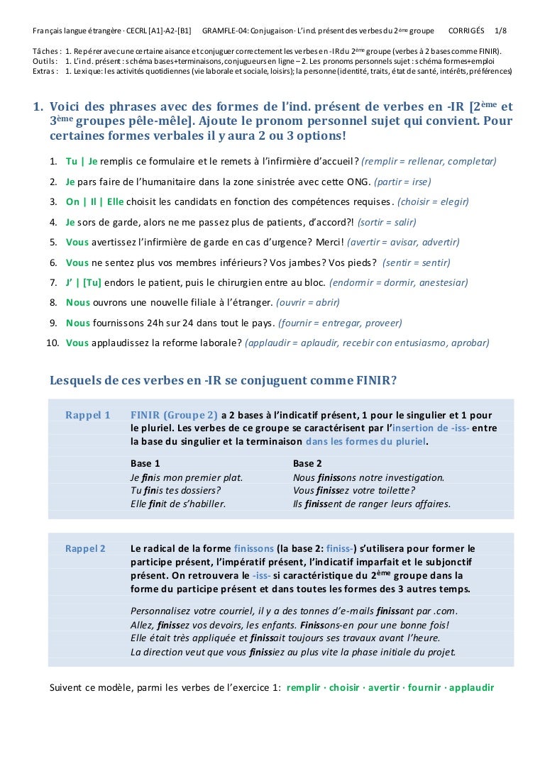 L Indicatif Présent Des Verbes Du 2ème Groupe Verbes Réguliers En I