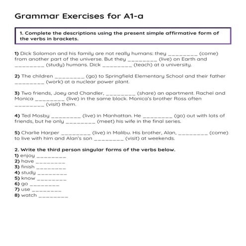 Comprehensive Grammar Exercises for A1 Level English Learners | PDF