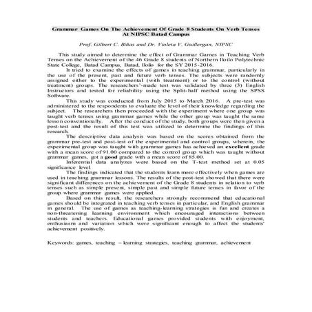 Grammar games on the achievement of grade 8 students on verb tenses