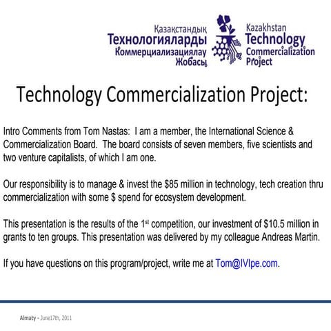 Grant Awards, Kazakhstan, Tech Commercialization Project