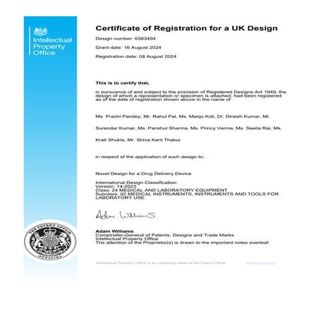 Novel Design for a Drug Delivery Device (International UK Patent)