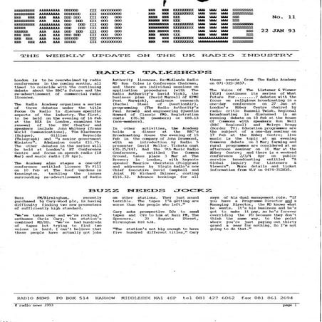 'Radio News: No. 11, 22 January 1993' by Grant Goddard