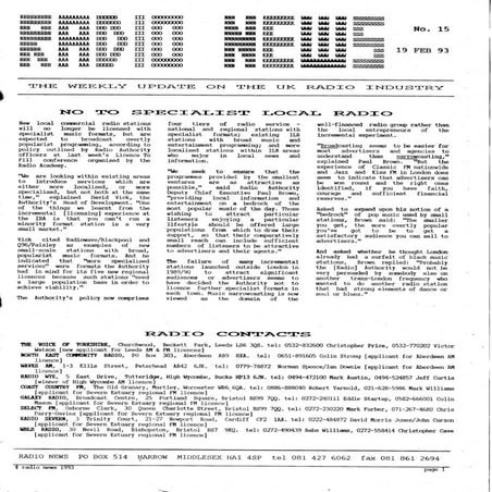 'Radio News: No. 15, 19 February 1993' by Grant Goddard