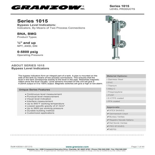 Granzow Magnetic Level Indicator for Industrial Process Measurement