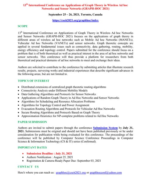 13th International Conference on Applications of Graph Theory in Wireless Ad ...