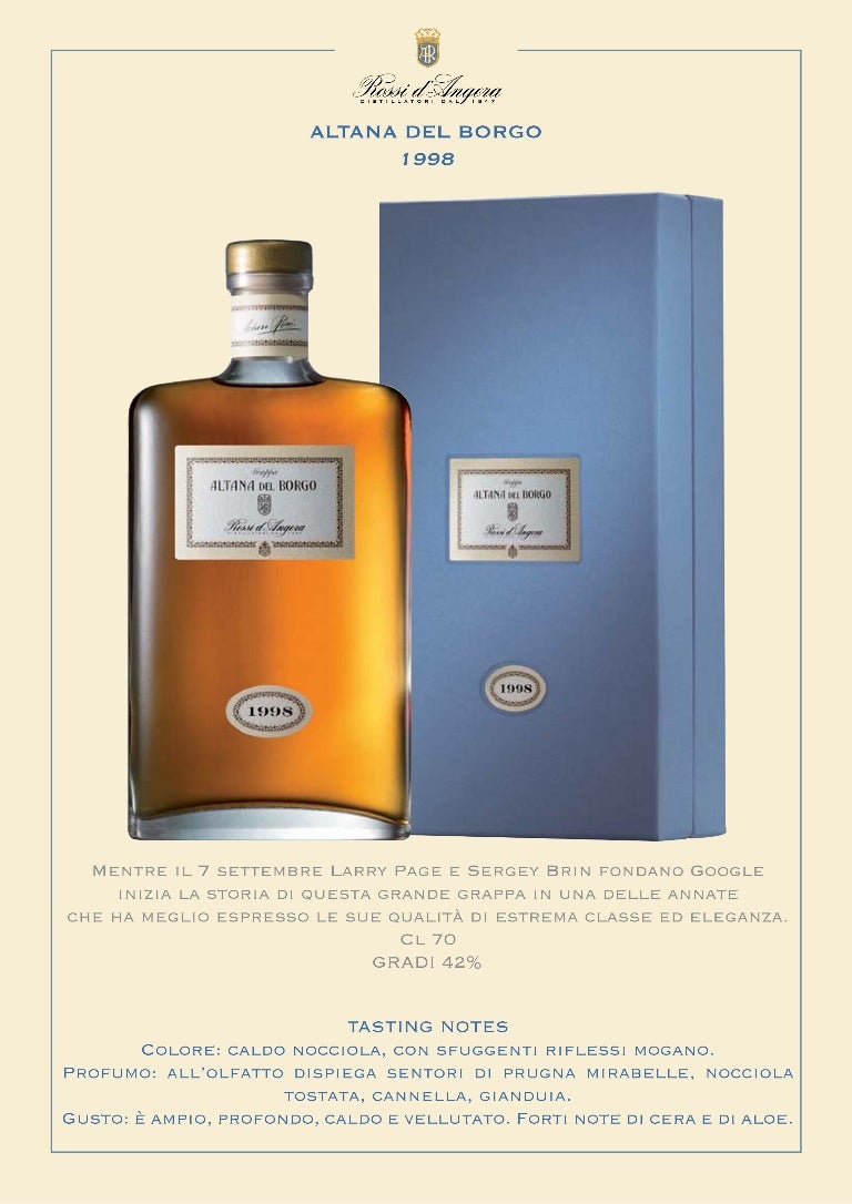 I Prodotti Rossi Dangera Grappa Altana Del Borgo 1998