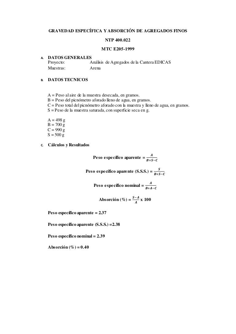 Gravedad específica y absorción de agregados finos