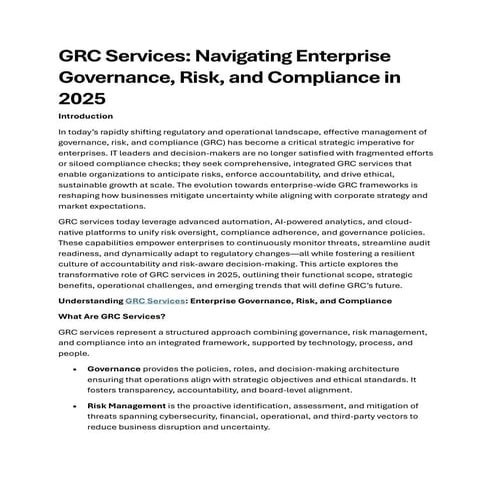 GRC Services: Navigating Enterprise Governance, Risk, and Compliance in 2025
