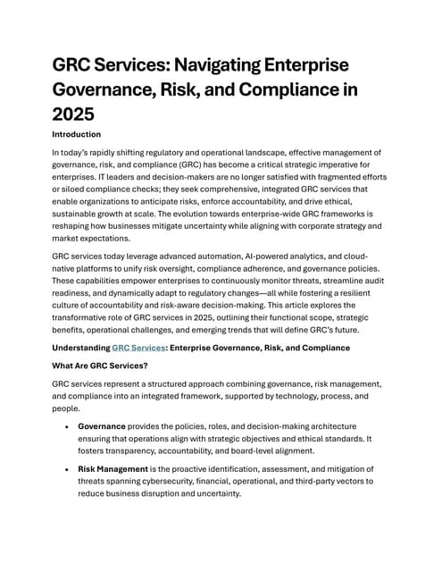 GRC Services: Navigating Enterprise Governance, Risk, and Compliance in 2025