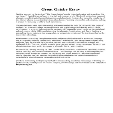 Great Gatsby Essay. Gatsby Essay  The Great Gatsby  Fiction amp; Literature