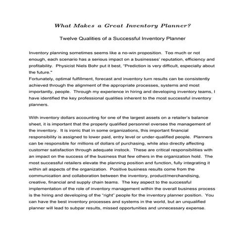Twelve Qualities of a Successful Inventory Planner