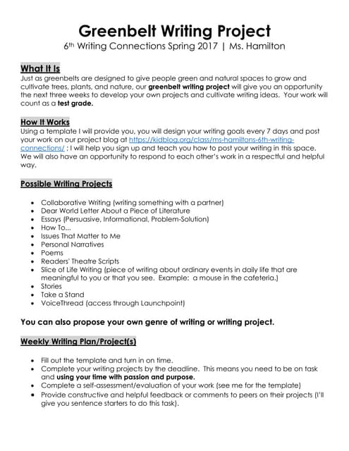 Greenbelt Writing Project Guidelines Grade 6 Spring 2017