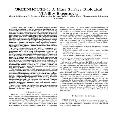 GREENHOUSE-1: A Mars Surface Biological Viability Experiment