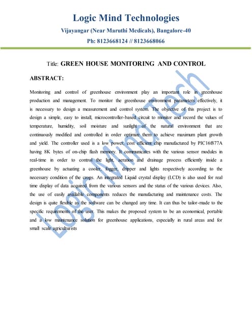 Green House Monitoring and Control System Using IoT | PPT