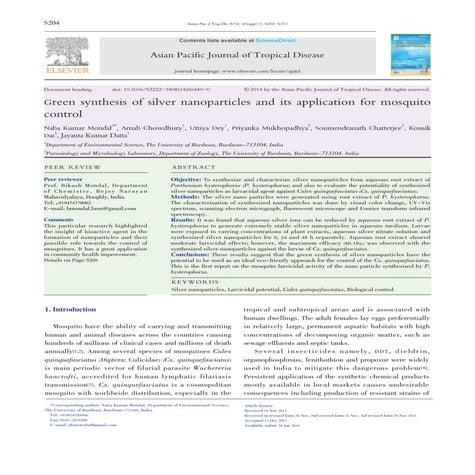 Green synthesis of silver nanoparticles and its application for mosquito