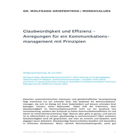 Glaubwürdigkeit und Effizienz – Kommunikationsmanagement mit Prinzipien