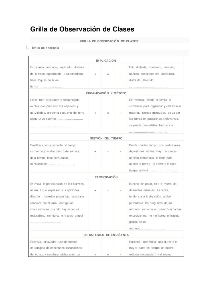 Grilla de observación de clase