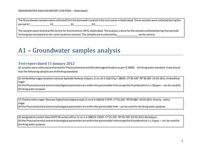 Groundwater Quality Slum Areas Hyderabad