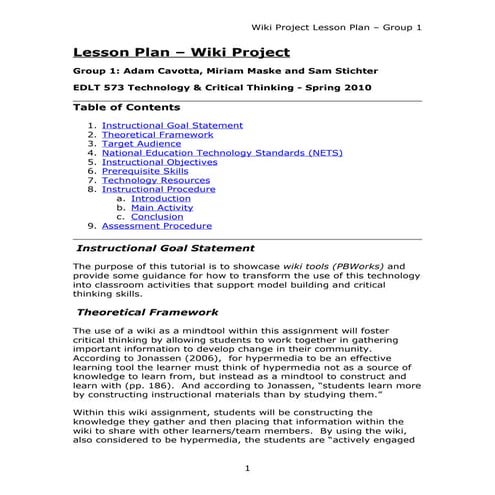 Lesson Plan: Wiki Project Group 1