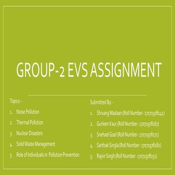 Noise Pollution, Thermal Pollution, Nuclear Disasters, Solid Waste Management, Role to prevent pollution