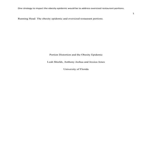 Group 2 , Topic 1. Restaurant Portions And Obesity