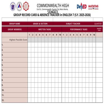 Group Record Card and Absence Tracker Template for English 7 Students ...