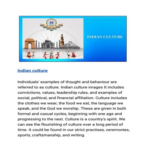 The culture of India is mixture of sub-culture and tradition. | PPTX