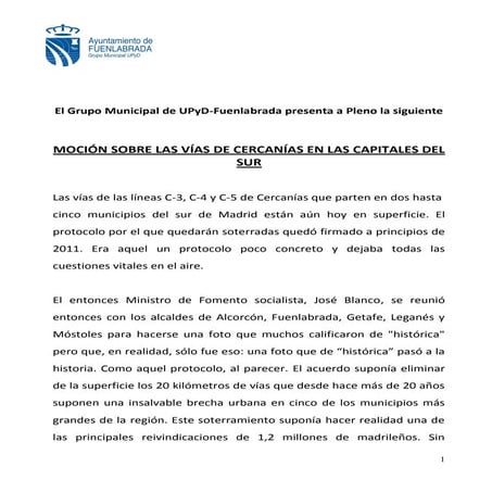 Moción sobre el soterramiento de las vías de cercanías a su paso por Fuenlabrada