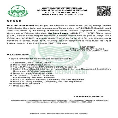 Official Government Order for Nursing Staff Appointment and Transfer in ...