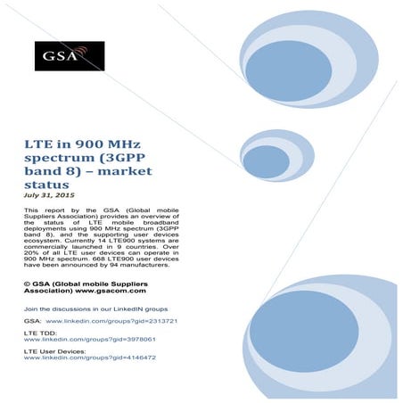 LTE in 900MHz spectrum (3GPP band 8) market status (GSA report - July 31, 2015)