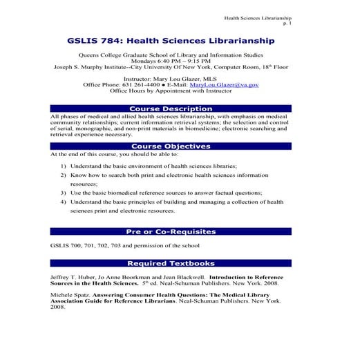 Gslis 784   health sciences librarianship queens college fall 2012