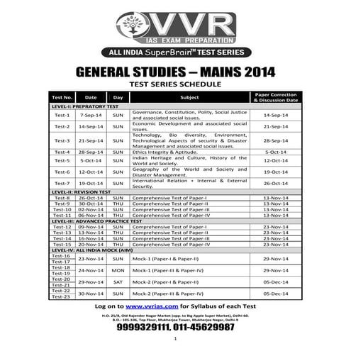 Gs main test series schedule 2014 and syllabus for ias upsc coaching | PDF