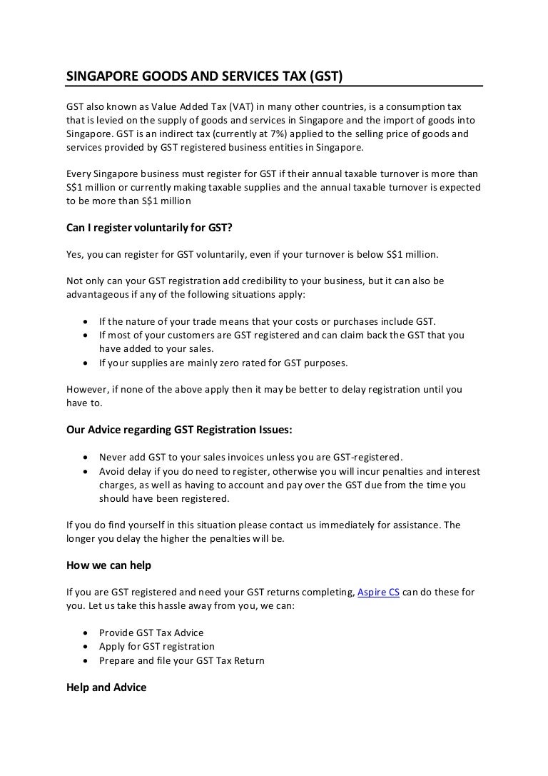 Singapore Goods and Services Tax (GST) Reporting or Registration Serv…