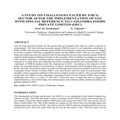 Impacts of GST on FMCG sector with special reference to Cassandra Foods Priva...
