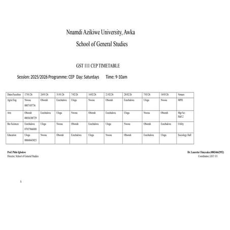 Nnamdi Azikiwe University GST 111 CEP Saturday Timetable 2025/2026 | DOCX